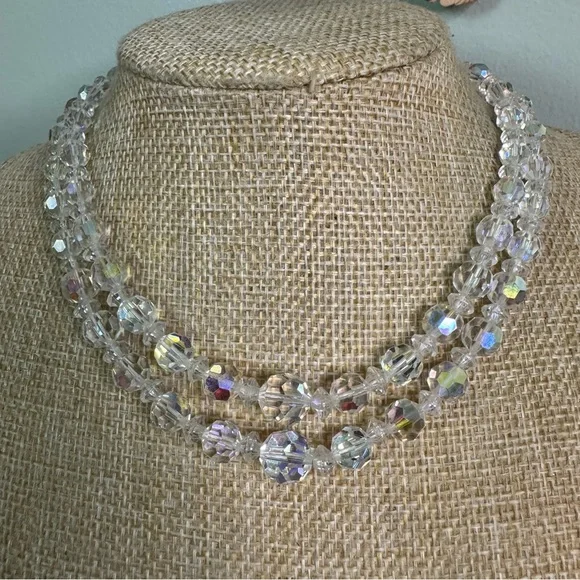 Aurora Borealis Crystal Choker Necklace Layered Beaded Iridescent AB Vintage - Picture 3 of 11